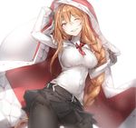  bangs belt belt_buckle black_legwear black_skirt blush braid breasts buckle coat coat_over_head coat_removed commentary eyebrows_visible_through_hair girls_frontline gloves hair_between_eyes hat large_breasts long_hair long_sleeves looking_at_viewer m1903_springfield_(girls_frontline) myo_ne one_eye_closed open_clothes open_mouth pantyhose parted_lips pleated_skirt red_ribbon ribbon simple_background single_braid skirt smile snow solo thighs very_long_hair white_gloves yellow_eyes 