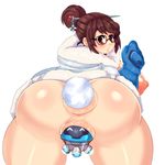  1girl anus ass blush breasts brown_eyes brown_hair coat drone glasses gloves hair_pin huge_areolae huge_ass huge_breasts looking_back mato_spectoru mei_(overwatch) nipples object_insertion overwatch pussy robot snowball snowball_(overwatch) white_background 