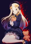  abigail_williams_(fate/grand_order) black_bow black_dress black_footwear blonde_hair blue_eyes bow closed_mouth commentary dress expressionless fate/grand_order fate_(series) forehead frills hair_bow highres knees_together_feet_apart long_hair long_sleeves looking_at_viewer polka_dot polka_dot_bow puffy_long_sleeves puffy_sleeves ririko_(zhuoyandesailaer) shoes sidelocks sitting solo stuffed_animal stuffed_toy teddy_bear thighs wariza yellow_bow 