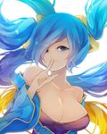  bangs bare_shoulders blue_eyes blue_hair blush breasts chiroru_(cheese-roll) cleavage collarbone commentary dress finger_to_mouth hair_ornament highres large_breasts league_of_legends long_hair long_sleeves looking_at_viewer low_neckline off-shoulder_dress off_shoulder shushing simple_background smile solo sona_buvelle swept_bangs twintails upper_body very_long_hair white_background wide_sleeves 