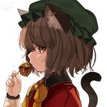  animal_ears bangs bow bowtie brown_hair cat_ears cat_tail chen fingernails food gotoh510 green_hat hat highres holding jewelry looking_at_viewer profile sideways_glance simple_background single_earring solo tail touhou upper_body white_background yellow_neckwear 