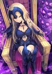  blonde_hair breasts chain cleavage crossed_legs dress fate/grand_order fate_(series) gloves grin highres jeanne_d'arc_(alter)_(fate) jeanne_d'arc_(fate)_(all) large_breasts long_hair md5_mismatch sawawse sitting skull smile solo thighhighs throne yellow_eyes 