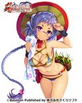  :&lt; arm_up armpits bikini braid breasts bucchake_(asami) chintou cleavage copyright_name glasses hat koihime_musou leaning_forward long_hair medium_breasts navel official_art ponytail purple_eyes solo sun_hat swimsuit towel very_long_hair 
