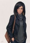  artist_name bag beige_background black_jacket brown_eyes brown_hair casual commentary cowboy_shot dark_skin denim eye_of_horus eyeliner eyeshadow facial_mark facial_tattoo grey_shirt handbag hands_in_pockets jacket jeans leather leather_jacket lips looking_to_the_side makeup medium_hair nose overwatch pants parted_lips pharah_(overwatch) pink_lips scarf shirt side_braids signature simple_background smile solo strap tattoo turtleneck umigraphics white_background zipper 