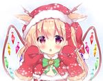  alternate_headwear animal_ears antlers blonde_hair blush bow capelet christmas commentary_request deer_ears ears_through_headwear flandre_scarlet green_bow green_neckwear hair_bow hat looking_at_viewer mittens parted_lips red_bow red_eyes reindeer_antlers reindeer_ears rikatan santa_hat side_ponytail snowing touhou wings 