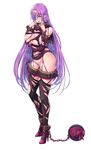  1girl bondage breasts chains curvy demon_girl female heavy_breathing horn huge_breasts long_hair looking_at_viewer nimie nipples no_bra puffy_nipples purple_hair pussy_juice saijou_satoru saliva shiny_skin simple_background solo sweater taimanin_(series) taimanin_asagi taimanin_asagi_battle_arena thong tongue_out white_background 