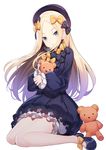  abigail_williams_(fate/grand_order) black_bow black_dress black_footwear blonde_hair blue_eyes bow closed_mouth commentary dress expressionless fate/grand_order fate_(series) forehead frills hair_bow highres knees_together_feet_apart long_hair long_sleeves looking_at_viewer polka_dot polka_dot_bow puffy_long_sleeves puffy_sleeves ririko_(zhuoyandesailaer) shoes sidelocks simple_background sitting solo stuffed_animal stuffed_toy teddy_bear thighs wariza white_background yellow_bow 