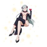  10s 1girl blue_eyes breasts came cup dress dungeon_ni_deai_wo_motomeru_no_wa_machigatteiru_darou_ka elbow_gloves female freya_(danmachi) full_body god hair_ornament high_heels long_hair revealing_clothes silver_hair sitting sitting_in_the_air solo sword_oratoria white_skin 