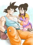  1girl annoyed bandages bangs black_eyes black_hair blue_background blue_shirt chi-chi_(dragon_ball) chinese_clothes couple dougi dragon_ball dragon_ball_z frown hetero looking_at_another masa_(p-piyo) nervous open_mouth pillow shirt simple_background sitting smile son_gokuu spiked_hair sweatdrop tied_hair white_background wristband 