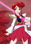  :o cowboy_shot dengeki_gx dress energy_sword flower hair_bun hair_flower hair_ornament happinesscharge_precure! left-handed looking_at_viewer magical_girl precure purple_background red_dress red_eyes red_hair short_hair shoulder_pads sidelocks simple_background solo sword unknown_brown-haired_cure_(happinesscharge_precure!) weapon 