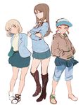  aki_(girls_und_panzer) alternate_eye_color arms_behind_back bangs black_footwear blazer blue_jacket blue_pants blue_skirt blue_sweater boots brown_eyes brown_footwear brown_hair brown_shirt casual closed_mouth collared_shirt cross-laced_footwear crossed_arms eyebrows_visible_through_hair full_body girls_und_panzer glasses hair_down hands_in_pockets high_heel_boots high_heels highres hood hoodie jacket knee_boots light_brown_eyes light_brown_hair light_smile long_hair long_sleeves looking_at_viewer mika_(girls_und_panzer) mikko_(girls_und_panzer) miniskirt mityubi multiple_girls no_hat no_headwear no_legwear pants pants_rolled_up pants_under_skirt parted_lips pleated_skirt red_eyes red_hair semi-rimless_eyewear shirt shoes short_hair short_twintails simple_background sketch skirt sneakers standing sweater sweatshirt track_pants twintails under-rim_eyewear v-neck white-framed_eyewear white_background white_footwear white_shirt 