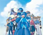  6+boys aile android blonde_hair brown_hair clenched_hands cloud day green_eyes grin helmet hikari_netto hoshikawa_subaru_(rockman) knees long_sleeves male_focus maya_petersen multiple_boys rock_volnutt rockman rockman_(character) rockman_(classic) rockman_dash rockman_exe rockman_exe_(character) rockman_x rockman_zero rockman_zx ryuusei_no_rockman shorts smile spiked_hair vent warrock x_(rockman) zero_(rockman) 