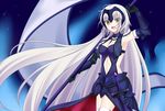  :d argyle_cutout armor armored_dress armpits bad_id bad_pixiv_id banner black_gloves blue_dress breasts chain cleavage cowboy_shot dress eyebrows_visible_through_hair fate/grand_order fate_(series) floating_hair gloves green_eyes highres holding holding_weapon jeanne_d'arc_(alter)_(fate) jeanne_d'arc_(fate)_(all) long_hair medium_breasts open_mouth sheath sheathed siika_620 silver_hair smile solo standing sword very_long_hair weapon 