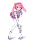  bent_over blue_eyes breasts character_request commentary_request elbow_gloves energy_gun gloves headset isosceles_triangle_(xyzxyzxyz) keroro_gunsou looking_at_viewer medium_breasts one_eye_closed pantyhose pink_hair ray_gun sleeveless smile solo twintails weapon white_gloves white_legwear 