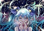  :d blue_bow blue_eyes blue_hair bow choker collarbone eyebrows_visible_through_hair floating_hair hair_between_eyes hair_bow hair_ornament hatsune_miku long_hair open_mouth purple_ribbon ribbon ribbon_choker sleeveless smile solo star star_hair_ornament striped striped_ribbon tingqu twintails upper_body very_long_hair vocaloid yuki_miku 