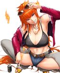  bare_shoulders beer_can blush breasts can chaps cigarette cleavage denim denim_shorts eyewear_on_head fire full_body grin highres jacket jewelry kamimura_maika large_breasts long_hair looking_at_viewer navel necklace off_shoulder official_art orange_hair parted_lips purple_eyes red_jacket sandals shorts sian simple_background smile solo spread_legs squatting sunglasses taimanin_(series) taimanin_asagi_kessen_arena teeth trash_can very_long_hair white_background 