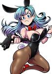  absurdres aiming_at_viewer alternate_costume anaugi animal_ears bare_shoulders black_leotard blue_eyes blue_hair bow bowtie breasts bulma bunny_ears bunny_girl bunny_tail bunnysuit cleavage clenched_hand covered_navel detached_collar dragon_ball dragon_ball_(classic) fake_animal_ears frown gun high_heels highres imi_uzi large_breasts leotard pantyhose red_footwear solo strapless strapless_leotard submachine_gun tail weapon wrist_cuffs 
