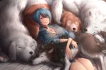  blue_hair breasts cleavage closed_eyes collar dog dog_collar lap_pillow large_breasts lying no_pants on_back original pack_of_dogs reclining short_hair sleeping smile yin-ting_tian 