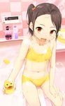  :d animal_print asymmetrical_bangs bad_id bad_pixiv_id bangs barefoot bath bathroom bathtub bikini black_hair blush bottle breasts brown_eyes bubble cat_print collarbone fang from_above hair_bobbles hair_ornament hand_on_own_thigh happy highres holding indoors looking_at_viewer mirror navel nazo_no_niku open_mouth original rubber_duck shampoo shampoo_bottle short_hair side_ponytail sitting small_breasts smile soap_bottle soap_bubbles solo spread_legs straddling swimsuit tile_floor tile_wall tiles washbowl water wet yellow_bikini 