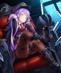  1girl ass boots breasts female hat lilith-soft looking_at_viewer noel_renoir potion_(moudamepo) purple_hair red_eyes serious shorts sitting sword taimanin_(series) taimanin_asagi taimanin_asagi_battle_arena uniform 