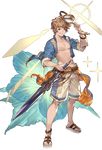  bare_chest belt bracelet brown_hair diffraction_spikes flower full_body gran_(granblue_fantasy) granblue_fantasy grin hibiscus jacket jewelry looking_at_viewer male_focus male_swimwear minaba_hideo official_art open_clothes open_jacket removing_hat sandals sash smile solo sparkle swim_trunks swimwear sword transparent_background visor_cap weapon 