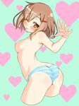  ;p amlrv3 arched_back ass bad_anatomy blue_panties blush breasts brown_eyes brown_hair eyebrows_visible_through_hair hair_ornament hairclip heart highres ikazuchi_(kantai_collection) kantai_collection looking_at_viewer looking_back medium_breasts nipples one_eye_closed panties short_hair solo striped striped_panties tongue tongue_out topless underwear underwear_only 