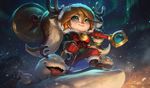  1girl alternate_hair_color bell boots bows christmas fang fluffy_ears horns league_of_legends long_hair official_art pointy_ears poppy ribbon snow twintails yordle 