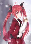  belt blush coffee_cup cup date_a_live disposable_cup hair_ribbon highres itsuka_kotori jacket long_hair looking_at_viewer looking_to_the_side muwa12 necktie open_mouth red_eyes red_hair red_jacket red_skirt ribbon shirt skirt snowing solo twintails very_long_hair white_shirt 