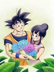  1girl black_eyes black_hair bouquet chi-chi_(dragon_ball) chinese_clothes couple dew_drop dougi dragon_ball dragon_ball_z dress flower hetero hydrangea masa_(p-piyo) open_mouth plant short_hair simple_background smile son_gokuu spiked_hair tied_hair water_drop white_background wristband 