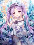  :d armlet blush bracelet choker collarbone cowboy_shot dress euryale eyebrows_visible_through_hair fate/hollow_ataraxia fate_(series) floating_hair flower hair_flower hair_ornament hairband jewelry lolita_hairband long_hair necklace open_mouth purple_hair red_eyes sleeveless sleeveless_dress smile solo standing strapless strapless_dress thighlet twintails very_long_hair white_dress white_flower zenyu 