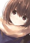  :/ blue_coat brown_eyes brown_hair close-up coat commentary dutch_angle hair_between_eyes highres long_hair looking_at_viewer matsuda_hikari messy_hair original portrait scarf school_uniform serious solo white_background yellow_scarf 