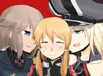  :3 bare_shoulders bismarck_(kantai_collection) bismarck_(zhan_jian_shao_nyu) blonde_hair blue_eyes blush commentary_request crossover girl_sandwich hat iron_cross kantai_collection long_hair low_twintails military military_hat military_uniform multiple_girls namesake nb_(pixiv594732) open_mouth peaked_cap prinz_eugen_(kantai_collection) sandwiched short_hair smile twintails uniform wavy_mouth yuri zhan_jian_shao_nyu 