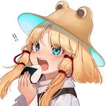  1girl bangs blonde_hair blue_eyes brown_hat eyebrows_visible_through_hair food gotoh510 hair_ribbon hat highres looking_at_viewer moriya_suwako onigiri open_mouth red_ribbon ribbon sidelocks simple_background solo teeth touhou tress_ribbon upper_body white_background 