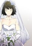  1girl bare_shoulders bouquet bridal_veil bride brown_hair collarbone cowboy_shot dress eyes_closed flower gloves hair_flower hair_ornament image_sample jewelry kawakami_sadayo lily_(flower) necklace pearl_necklace persona persona_5 rose short_hair smile solo strapless strapless_dress twitter_sample veil wedding_dress white_dress white_gloves white_rose 