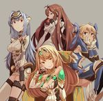  blue_eyes blush breasts brown_hair creator_connection elhaym_van_houten fingerless_gloves fiorun gloves green_eyes hikari_(xenoblade_2) kos-mos large_breasts long_hair monolith_soft multiple_girls orange_hair short_hair smile suo_(sndrta2n) tiara uniform very_long_hair xenoblade_(series) xenoblade_2 xenogears xenosaga 