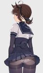  absurdres ahoge al_bhed_eyes arms_at_sides ass blue_eyes bodysuit brown_hair commentary_request cover_image cowboy_shot from_behind grey_background hair_flaps hair_ribbon hatsuzuki_(kantai_collection) highres kantai_collection looking_back miniskirt oniku_(oishii_oniku) panties panties_under_pantyhose pantyhose pantyshot pantyshot_(standing) pleated_skirt profile ribbon sailor_collar short_hair short_ponytail simple_background skirt skirt_lift solo standing thighband_pantyhose underbust underwear white_panties 