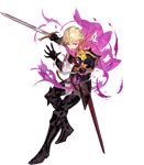  arai_teruko armor armored_boots blonde_hair boots cape fire_emblem fire_emblem_heroes fire_emblem_if full_body gloves highres injury male_focus official_art open_mouth orange_eyes siegbert_(fire_emblem_if) solo sword teeth torn_clothes transparent_background weapon 