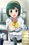  absurdres bangs blue_bow blue_bra blush body_writing bow bow_bra bowtie bra breast_hold breasts breasts_outside brown_eyes buttons cleavage collared_shirt commentary_request dark_green_hair eyebrows_visible_through_hair green_hair hairband highres idolmaster idolmaster_(classic) indoors large_breasts long_sleeves looking_at_viewer mole mole_under_mouth open_mouth otonashi_kotori partially_unbuttoned pen shirt short_hair solo sweat tareme tokiani underwear upper_body white_shirt yellow_hairband yellow_neckwear 