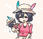  :d ^_^ backpack bag black_hair blush closed_eyes eyebrows_visible_through_hair hair_between_eyes hand_puppet hat hat_feather helmet kaban_(kemono_friends) kemono_friends open_mouth pink_shirt pith_helmet puppet seki_(red_shine) shirt short_hair smile solo upper_body white_hat 