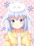  &gt;:) :3 =_= angora_rabbit animal bangs blue_eyes blue_hair blush bunny closed_eyes closed_mouth commentary_request double_v eyebrows_visible_through_hair fal gochuumon_wa_usagi_desu_ka? hair_between_eyes hair_ornament hands_up head_tilt highres hood hoodie kafuu_chino long_hair long_sleeves open_clothes open_hoodie pink_background polka_dot polka_dot_background pom_pom_(clothes) shirt sidelocks smile smug tippy_(gochiusa) two_side_up v v-shaped_eyebrows white_shirt x_hair_ornament yellow_hoodie 