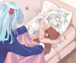  bangs beige_shirt blue_hair blue_skirt blush bow closed_eyes copyright_request couch covering_with_blanket hair_between_eyes hair_bow hamaru_(s5625t) indoors long_hair long_sleeves lying multiple_girls object_hug on_couch on_side one_side_up parted_lips pillow red_bow silver_hair skirt sleeping sleeves_past_wrists stuffed_animal stuffed_toy teddy_bear very_long_hair 