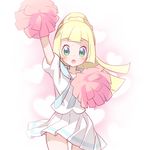  1girl arm_up blonde_hair blush braid cheerleader collarbone eyebrows_visible_through_hair female french_braid gradient gradient_background green_eyes hand_up heart holding lillie_(pokemon) long_hair looking_at_viewer mizuki_kotora open_mouth pleated_skirt pokemon pokemon_(game) pokemon_sm pom_poms ponytail shirt short_sleeves simple_background skirt solo standing sweat thigh_gap tied_hair white_background white_shirt white_skirt wind_lift 