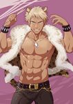  abs absurdres animal_ears areolae belt blonde_hair blue_eyes bulge collarbone dark_skin dark_skinned_male dog_tags drumsticks extra_ears grin highres male_focus muscle nipples open_clothes open_vest pectorals purple_background rom_(show_by_rock!!) shirtless show_by_rock!! smile tail tamahiro vest 