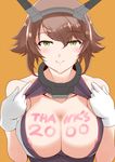  areola_slip areolae body_writing breasts brown_hair c: cleavage commentary_request eyebrows_visible_through_hair gloves green_eyes headgear highres huge_breasts kantai_collection kiriki_haruomi looking_at_viewer mutsu_(kantai_collection) nipple_slip nipples number orange_background short_hair simple_background smile solo thank_you upper_body white_gloves 