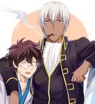  bad_id bad_pixiv_id bespectacled blue_hakama brown_hair cigar closed_eyes cosplay dark_skin dark_skinned_male gintama glasses grey_eyes hakama hijikata_toushirou hijikata_toushirou_(cosplay) japanese_clothes kekkai_sensen leonardo_watch male_focus mery_(apfl0515) multiple_boys nakai_kazuya sakaguchi_daisuke seiyuu_connection shimura_shinpachi shimura_shinpachi_(cosplay) shinsengumi_(gintama) smoking white_hair zap_renfro 