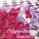  breasts camilla_(fire_emblem_if) checkered checkered_floor dress fire_emblem fire_emblem_if floor flower gloves hair_flower hair_ornament hair_over_one_eye hand_on_own_face happy happy_birthday hiyori_(rindou66) large_breasts lips long_hair looking_at_viewer open_mouth purple_eyes purple_hair red_dress rose smile very_long_hair wavy_hair 