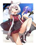  ;d aircraft airplane anchor animal_ears azur_lane bangs black_footwear black_skirt blue_sky blurry blurry_background blush cloud cloudy_sky commentary_request day depth_of_field detached_sleeves eyebrows_visible_through_hair fang flight_deck head_tilt japanese_clothes kimono knee_up kneehighs kurogoma_(haruhi3) long_sleeves looking_at_viewer one_eye_closed open_mouth outdoors platform_footwear platform_heels pleated_skirt red_kimono red_skirt shikigami short_hair short_kimono shouhou_(azur_lane) skirt sky smile solo sunlight tabi white_hair white_legwear wide_sleeves zouri 