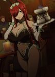  1girl alcohol bar bare_shoulders beer beverage beverages breasts brown_eyes bunny_ears cleavage curvy erza_scarlet fairy_tail female indoors inside large_breasts long_gloves long_hair multiple_boys navel people red_hair sitting stitched stomach thighs tray waitress 