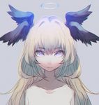  bangs bare_shoulders blonde_hair closed_mouth collarbone commentary_request eyebrows_visible_through_hair hair_between_eyes halo head_wings lavender_eyes long_hair looking_at_viewer migihidari_(puwako) original solo upper_body 