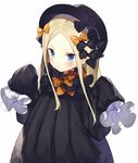  abigail_williams_(fate/grand_order) bangs black_bow black_dress black_hat blonde_hair blue_eyes blush bow bowler_hat commentary dress fate/grand_order fate_(series) hair_bow hands_up hat long_hair long_sleeves looking_at_viewer matsui_hiroaki orange_bow parted_bangs parted_lips polka_dot polka_dot_bow sidelocks simple_background sleeves_past_fingers sleeves_past_wrists solo v-shaped_eyebrows very_long_hair white_background 